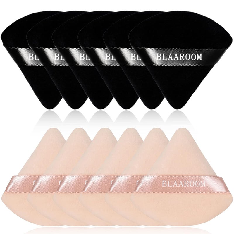 BLAAROOM 12 Pieces Velour Pure Cotton Powder Puff Face Makeup Triangle Powder Puffs for Loose Powder Wet Dry Cosmetic Foundation Beauty Sponge Makeup Tools -Black & Nude - Image 1